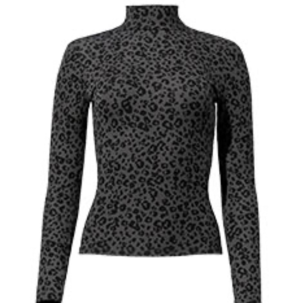 Carbon38 Pard Ribbed Mock Neck Shirt Long Sleeve Black Grey Leopard